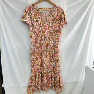 BeachLunchLounge Size Large Floral Dress  Colorful Stretchy Waist Flowy Pockets